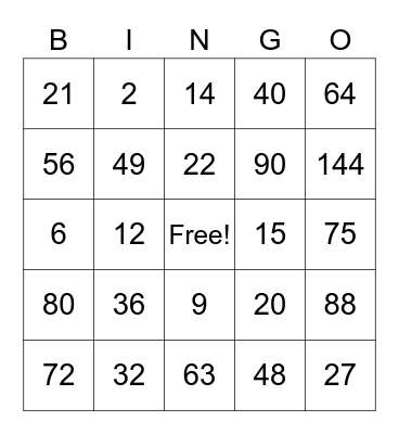 Multiplication Bingo Card