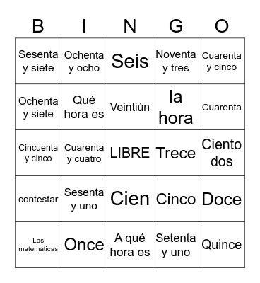 Los números y el vocabulario Bingo Card
