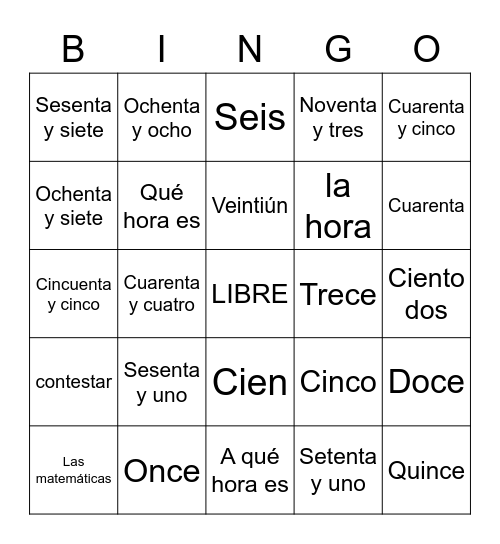 Los números y el vocabulario Bingo Card