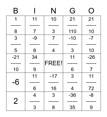 Fraction Bingo Card