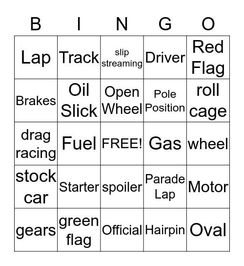 Racing Bingo Card