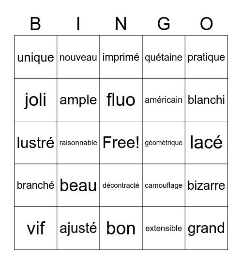 9.3 Les Adjectives Bingo Card