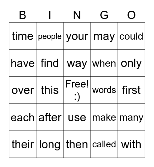 SIGHT WORD Bingo #2 Bingo Card