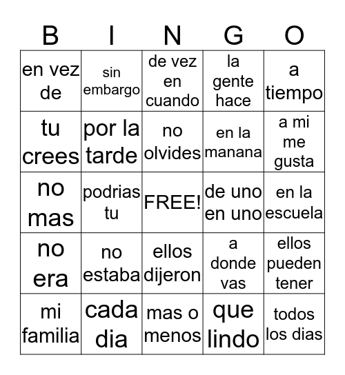 Frases de alta frecuencia Bingo Card