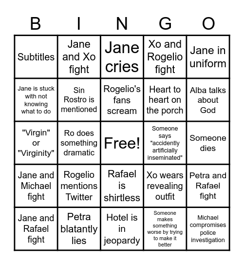 Jane the Virgin Season 1 Bingo Card