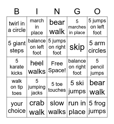 Gross Motor Bingo Card