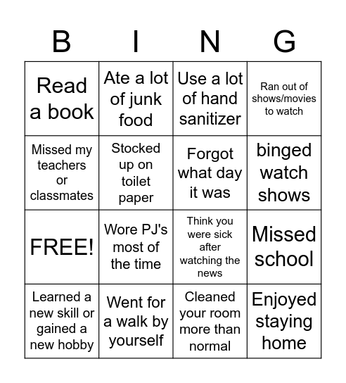 Quarentine Bingo Card