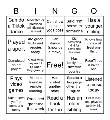 Healthy Living Bingo Card