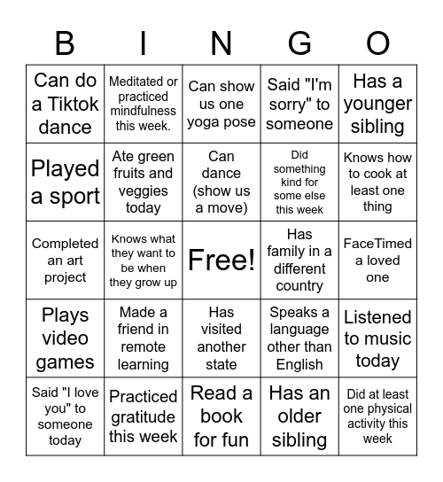 Healthy Living Bingo Card