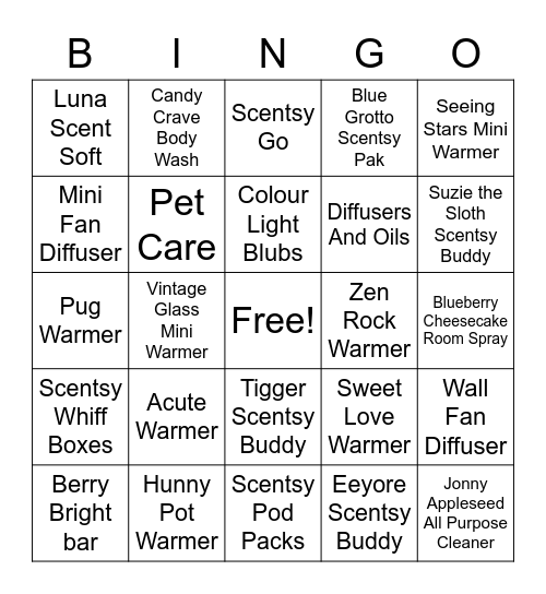 Scentsy products bingo Card