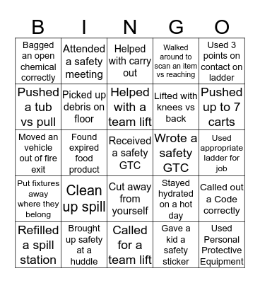 Target Safety Bingo Card