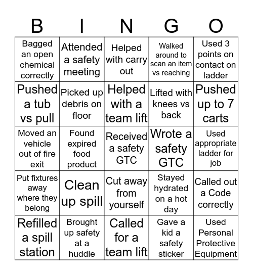 Target Safety Bingo Card