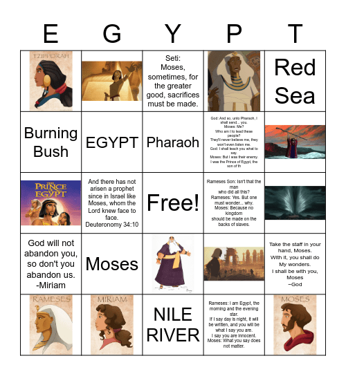 Prince of Egypt Bingo Card