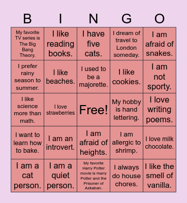 Me-ingo Bingo Card