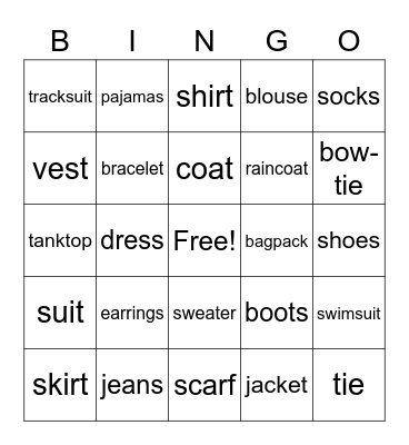 clothes&accessories Bingo Card