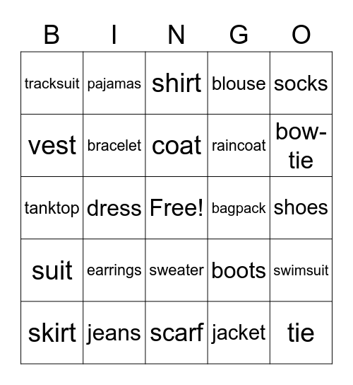 clothes&accessories Bingo Card