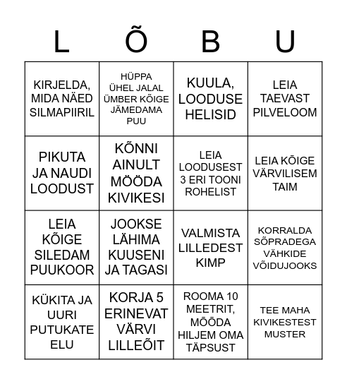 LIIKUMINE  JA NÄGEMINE Bingo Card