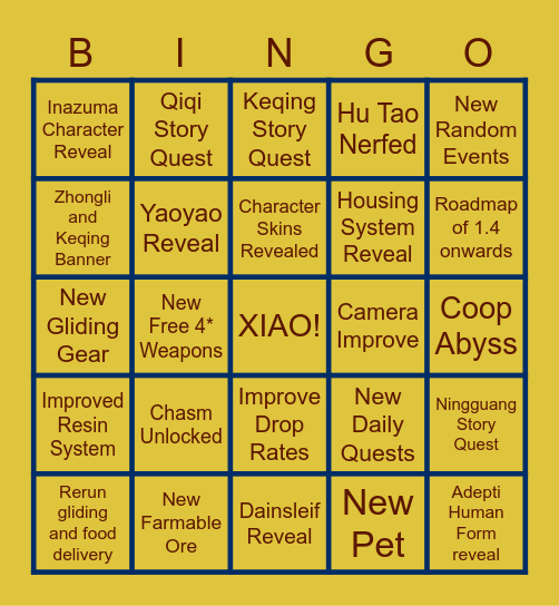 GENSHIN IMPACT 1.3 LIVESTREAM BINGO Card