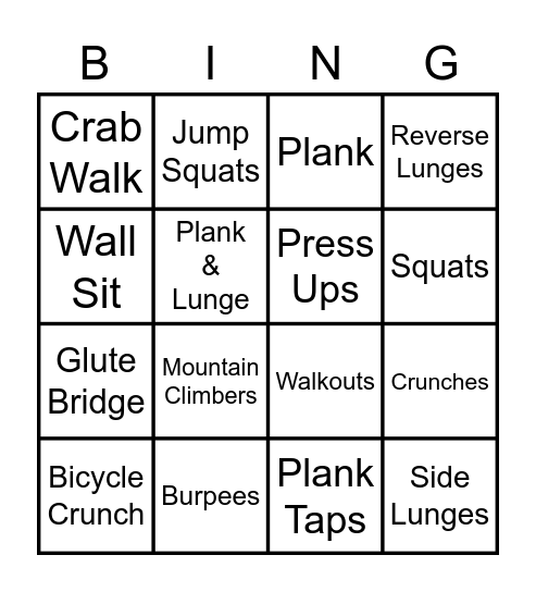 Workout of the Day Bingo Card