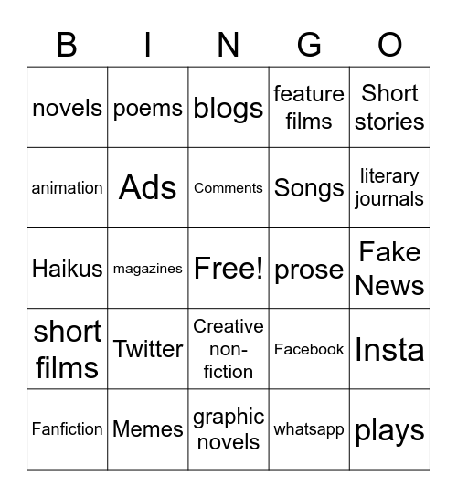 Types of Writing! Bingo Card