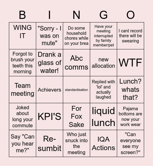 Remote Work Bingo Card