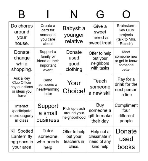 Key Club: Service Bingo Card