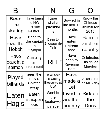 Simply Cultural Bingo Card