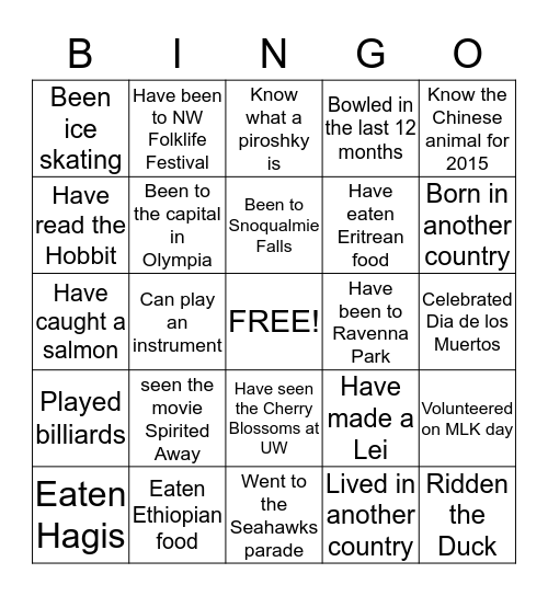 Simply Cultural Bingo Card