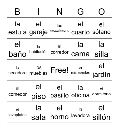 Spanish 2 - La casa Bingo Card