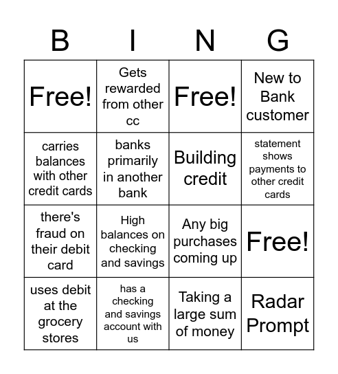 Rewards Need (CC) Bingo Card