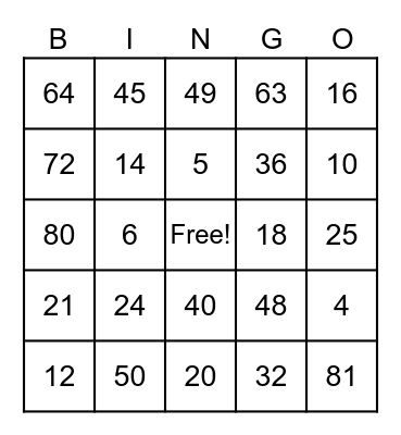 Multiplication Bingo Card