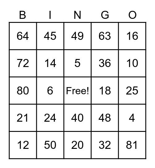 Multiplication Bingo Card