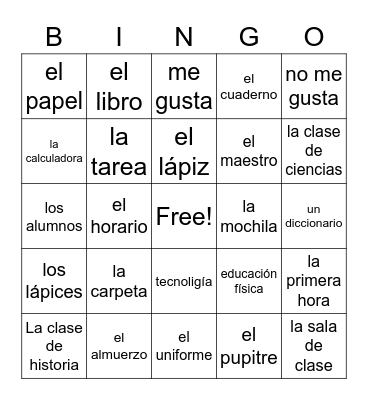 La escuela Bingo Card