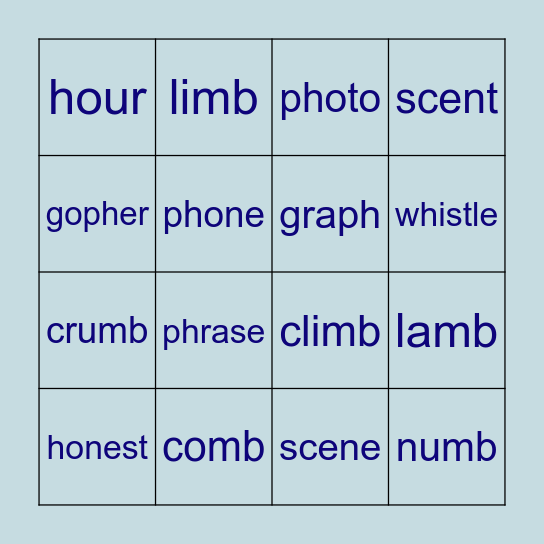 Silent Letter Bingo Card