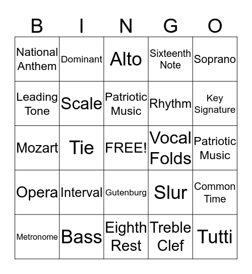 Musical Review Bingo Card