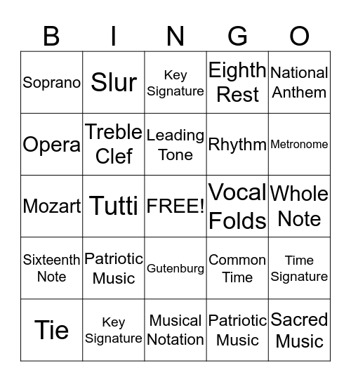 Musical Review Bingo Card