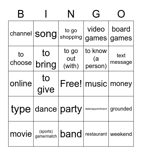 Contemporary Life - Free Time Bingo Card