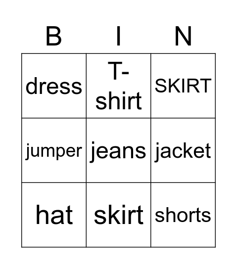 CLOTHES Bingo Card