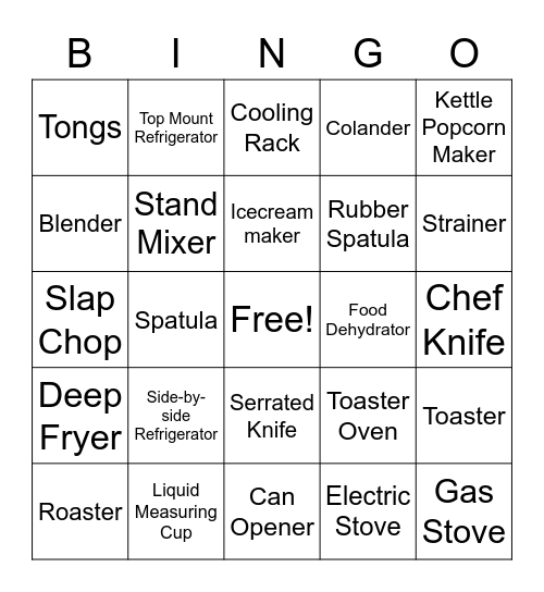 Kitchen Appliances and Utensils Bingo Card