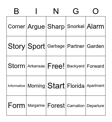 Vocabulary Bingo Card