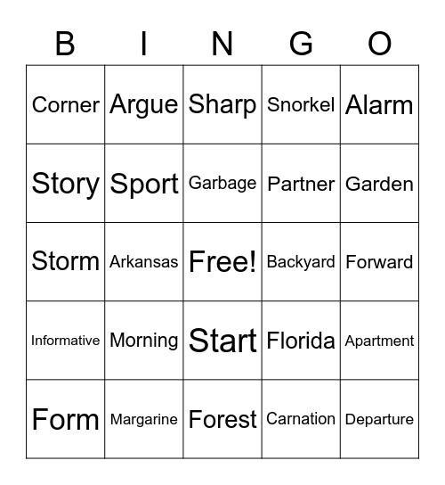 Vocabulary Bingo Card