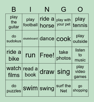 Free time activities Bingo Card