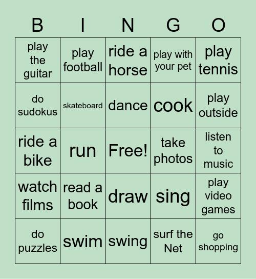 Free time activities Bingo Card