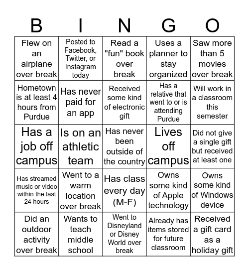 Welcome to EDCI 270! Bingo Card