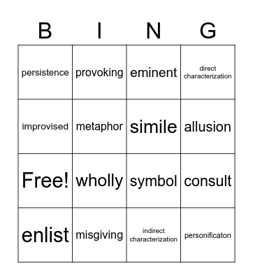 English I Vocab lit week 2 Bingo Card