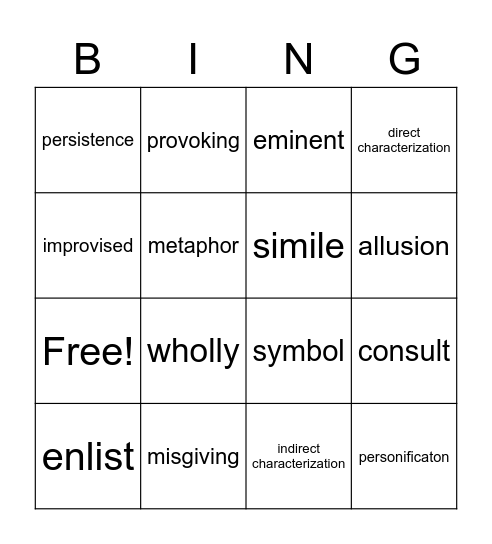 English I Vocab lit week 2 Bingo Card