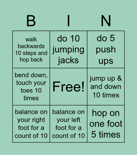 Brain Break Bingo Card
