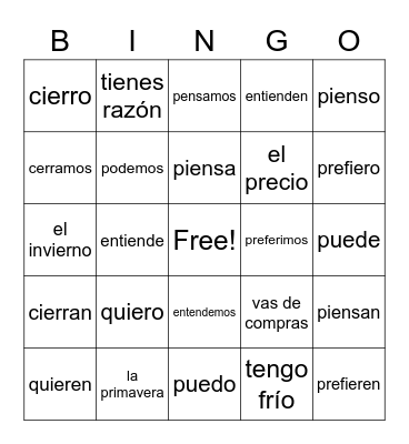 Spanish Bingo 1 Bingo Card
