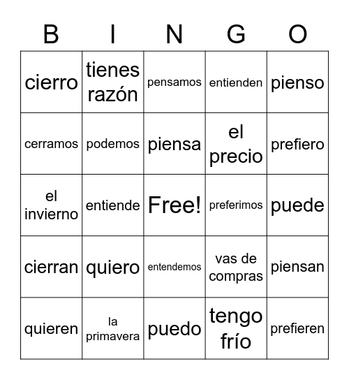 Spanish Bingo 1 Bingo Card