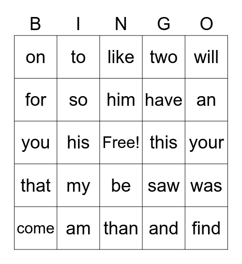 High Frequency Words Bingo Card